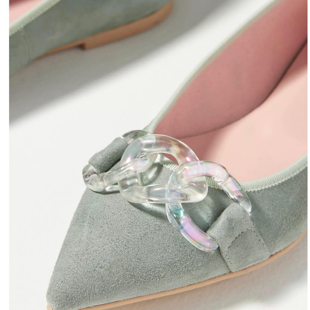 Pretty Ballerinas Sage Green Suede Pointed Toe Flats with Iridescent Chain NWOT